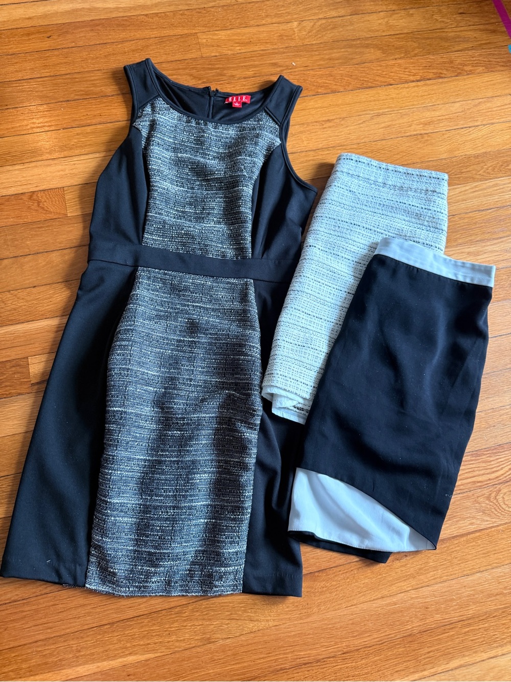 ELLE Black Dress with Gray Textured Panel and two business casual work skirts